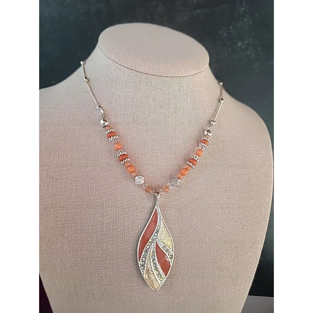 Salmon Enamel Rhinestone Beaded Leaf Pendant Adjustable Necklace